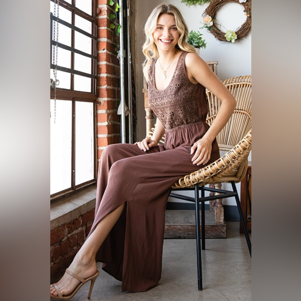 First Love Tie Back Sleeveless Slit Wide Leg Jumpsuit
